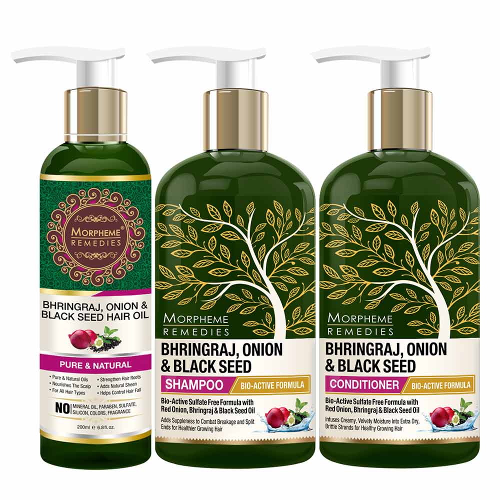 3 - Morpheme Remedies Bhringraj Onion & Black Seed Combo,  3 Piece(s)/Pack  Hair Shampoo 300ml + Conditioner 300ml + Hair Oil 200ml 