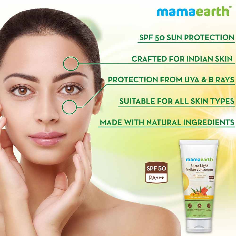 Benefit - Mamaearth Ultra Light Indian Sunscreen SPF 50,  80 ml  with Carrot Seed & Turmeric for Sun Protection 