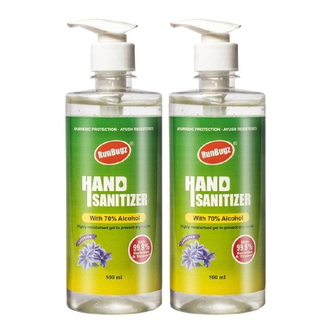1 - RunBugz Hand Sanitizer with 70% Alcohol,  Lavender  500 ml  Kills 99.9% Bacteria & Virus (Pack of 2) 