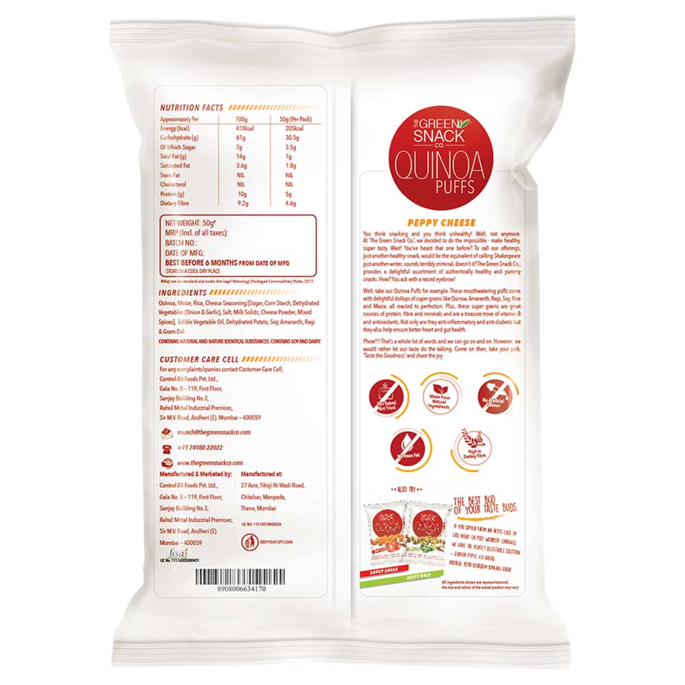 nutritioninfo - The Green Snack Co. Quinoa Puffs - Pack of 8,  Peppy Cheese  50 g 