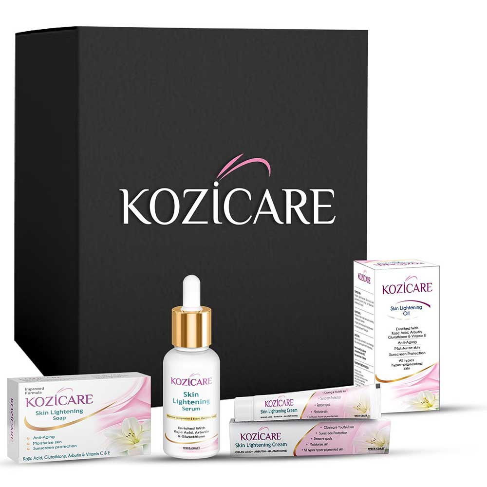 1 - Kozicare Kojic Acid Skin Lightening/Brightening Combo Pack (Soap + Serum + Cream + Fairness Oil),  4 Piece(s)/Pack  for All Skin Type 