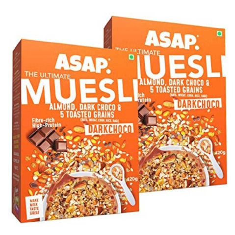 1 - ASAP Ultimate Breakfast Multigrain Muesli (Pack of 2), 420 g DARKCHOCO (Almond, Dark Choco & 5 Toasted Grains)