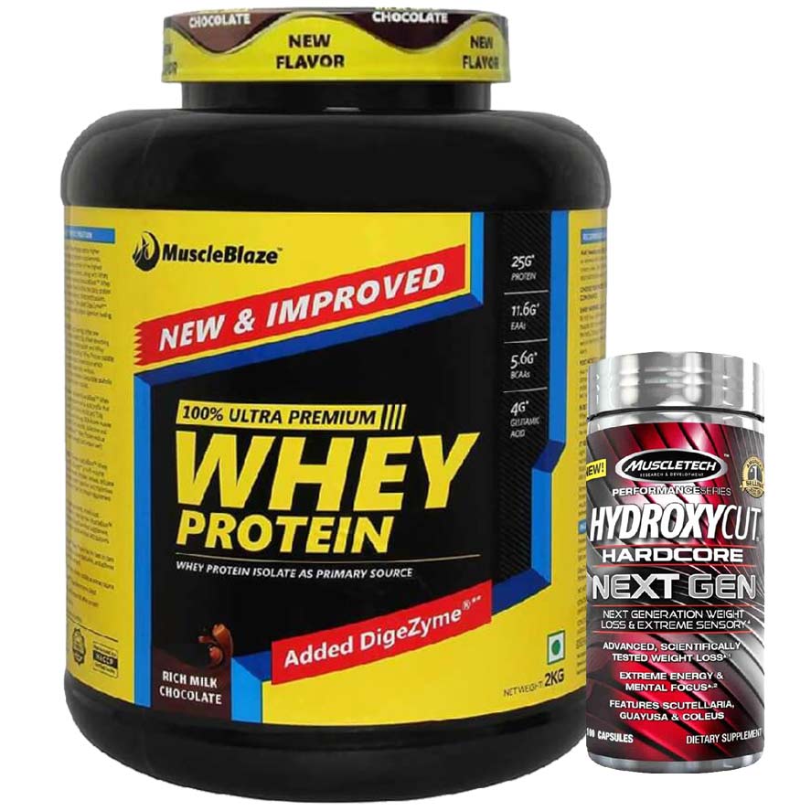 MuscleBlaze Whey Protein, 4.4 lb Rich Milk Chocolate with MuscleTech Hydroxycut Hardcore Next Gen