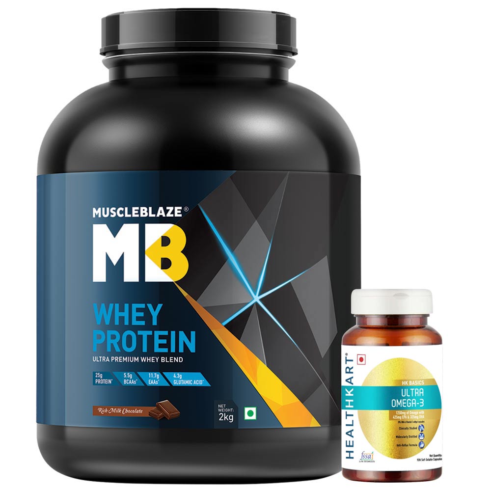 HealthKart Ultra Omega 3 & MuscleBlaze Whey Protein Combo