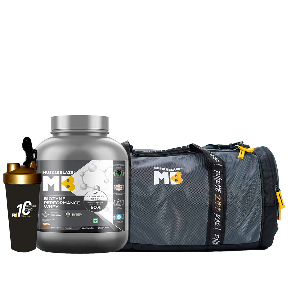 MuscleBlaze Biozyme IsoZero 2 kg & 30L Gym Bag & Shaker Combo