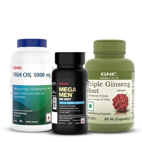 1 - GNC Mega Men One Daily Multivitamin 30 Tablets with Fish Oil 60 Softgels &  Herbal Plus Triple Ginseng Root 60 Capsules Combo,  3 Piece(s)/Pack  Unflavoured 