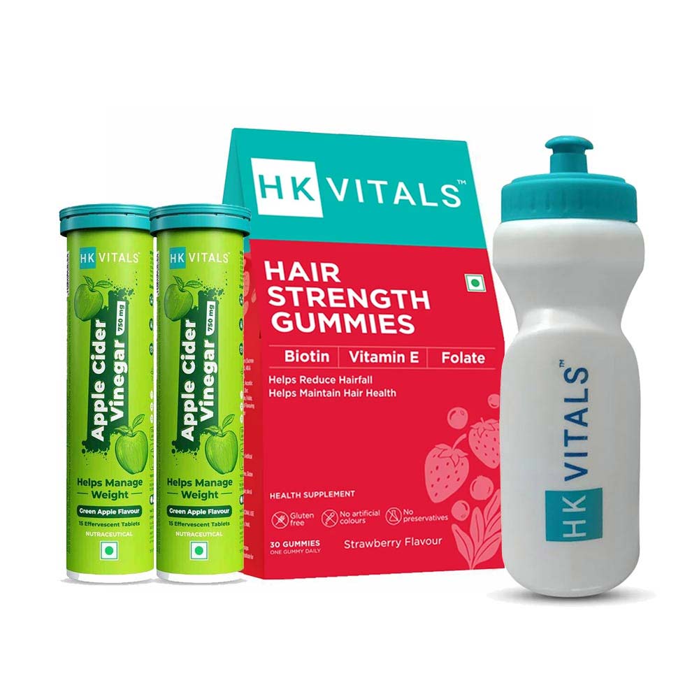 HK Vitals ACV 750 mg Effervescent 30 Tabs & Biotin Gummies & Sipper Combo by HealthKart