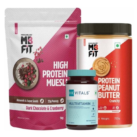 MuscleBlaze High Protein Muesli 1kg & High Protein Peanut Butter 750g & Multivitamin 60 Tabs Combo