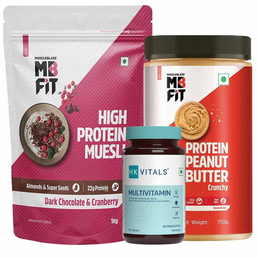 MuscleBlaze High Protein Muesli 1kg & High Protein Peanut Butter 750g & Multivitamin 60 Tabs Combo