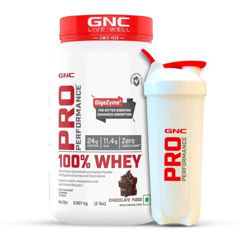 1 - GNC Pro Performance 100% Whey Protein & White Shaker 700 ml Combo,  2 lb  Chocolate Fudge 
