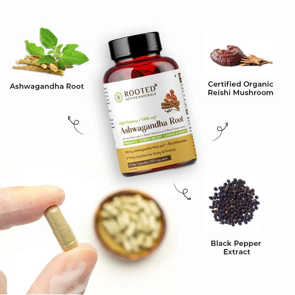 3 - Rooted Active Naturals Ashwagandha Root with with Reishi Mushroom Extract,  60 veggie capsule(s) 