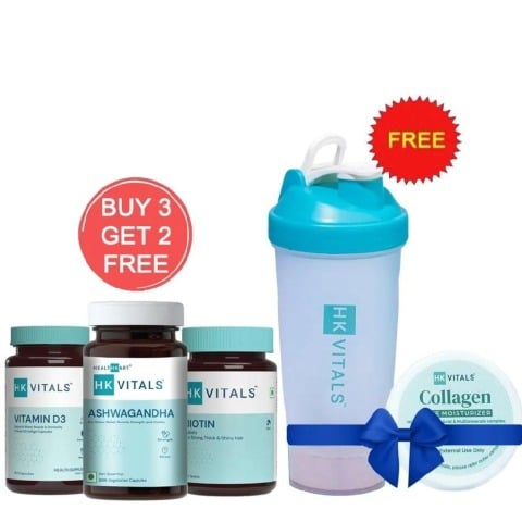 HealthKart HK Vitals Ashwagandha & Vitamin D3 & Biotin 60 Tabs with Free Shaker & Collagen Face Moisturizer