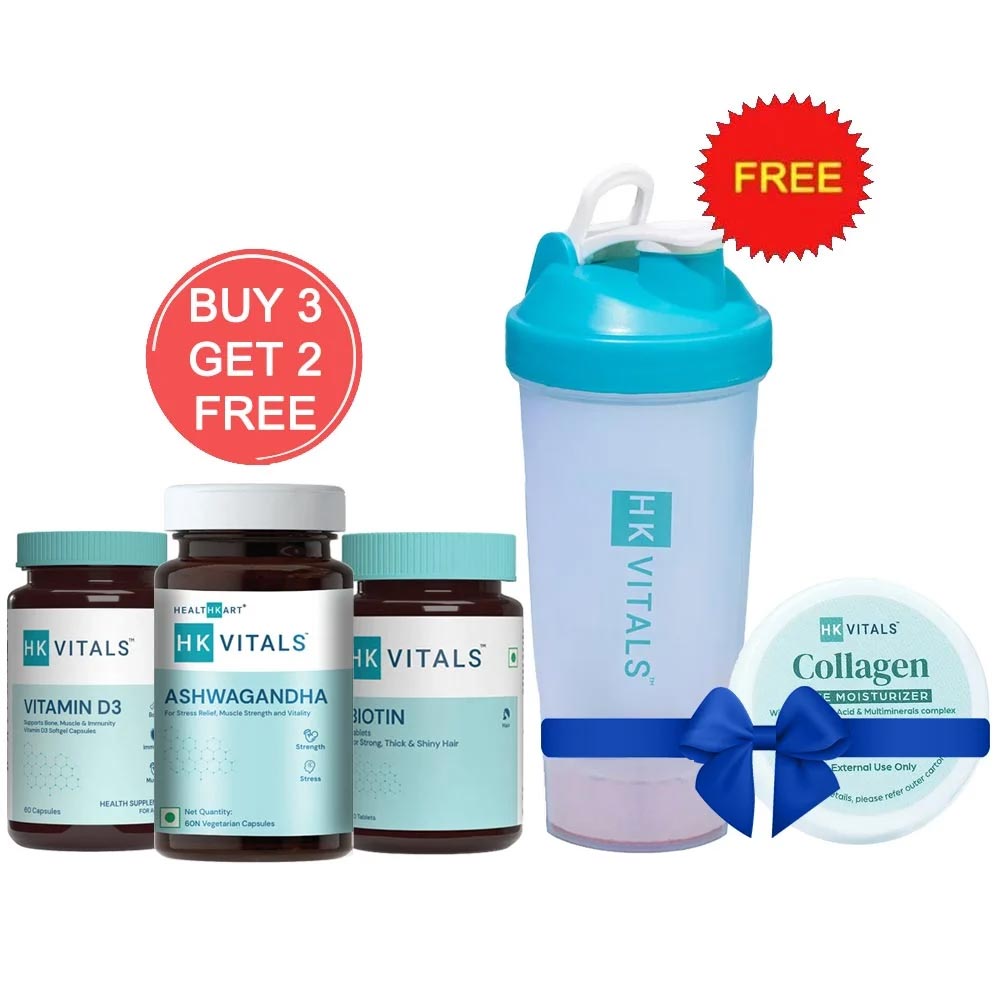 HealthKart HK Vitals Ashwagandha & Vitamin D3 & Biotin 60 Tabs with Free Shaker & Collagen Face Moisturizer