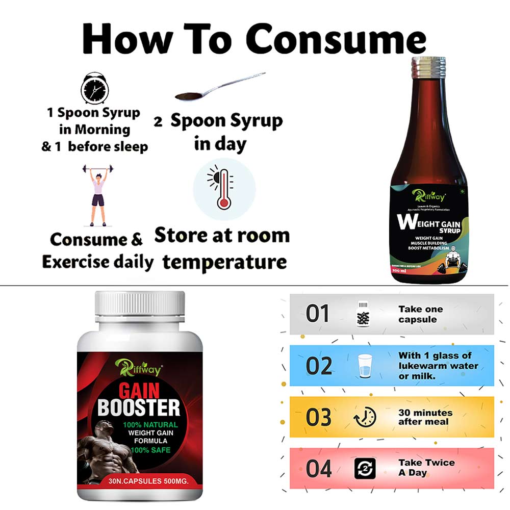 5 - Riffway Weight Gain Syrup 200 ml & Gain Booster 30 Capsules Combo,  2 Piece(s)/Pack  Unflavoured 