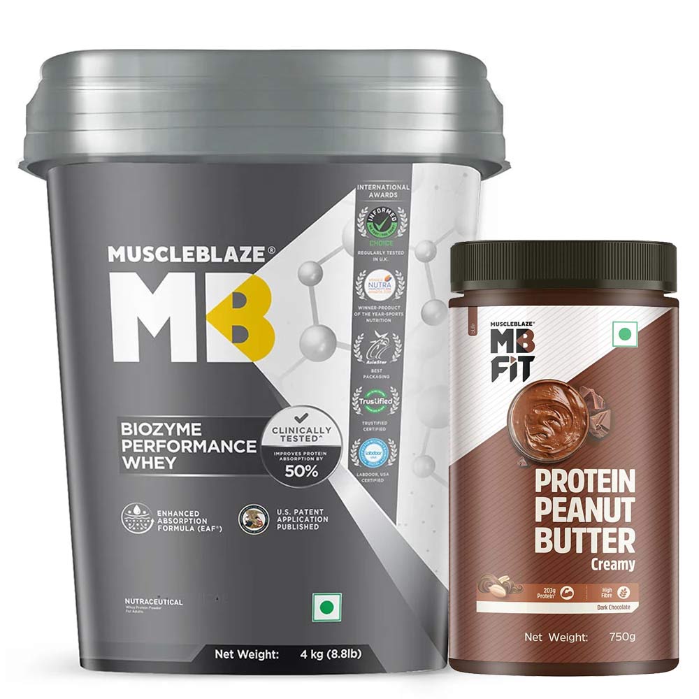 MuscleBlaze Biozyme Performance Whey 4kg Chocolate Hazelnut & High Protein Peanut Butter 750g Dark Chocolate Creamy Combo