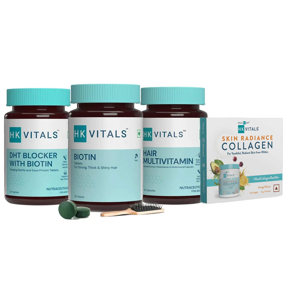 HK Vitals Biotin & DHT Blocker & Hair Multivitamin 30 Caps & Skin Radiance Collagen 8g Orange Combo