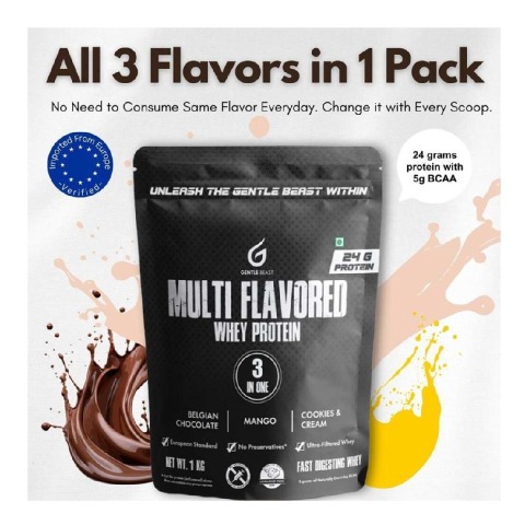8 - Gentle Beast Multi Flavored Whey Protein,  4.4 lb  Belgian Chocolate, Mango and Cookies & Cream 