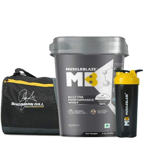 MuscleBlaze Biozyme Performance Whey 4 kg Rich Chocolate & Gym Bag & Shaker Combo