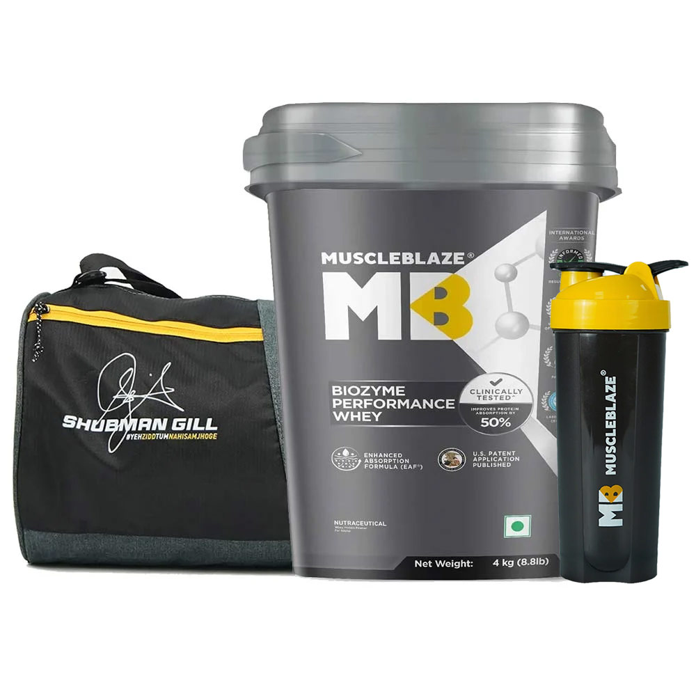 MuscleBlaze Biozyme Performance Whey 4 kg Rich Chocolate & Gym Bag & Shaker Combo