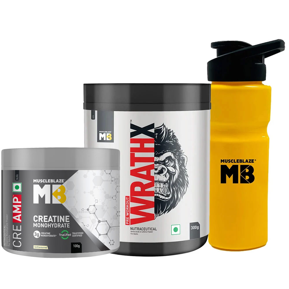 MuscleBlaze Pre Workout WrathX & Creatine Monohydrate 0.22 lb & Sipper Combo
