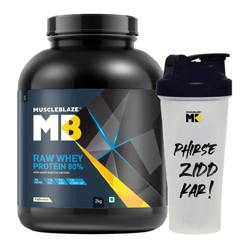 1 - MuscleBlaze Raw Whey Protein Concentrate 80% with Added Digestive Enzymes Labdoor USA Certified with Shaker OP,  4.4 lb  Unflavoured 