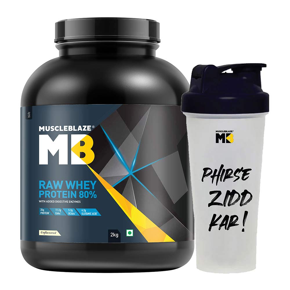 1 - MuscleBlaze Raw Whey Protein Concentrate 80% with Added Digestive Enzymes Labdoor USA Certified with Shaker OP,  4.4 lb  Unflavoured 