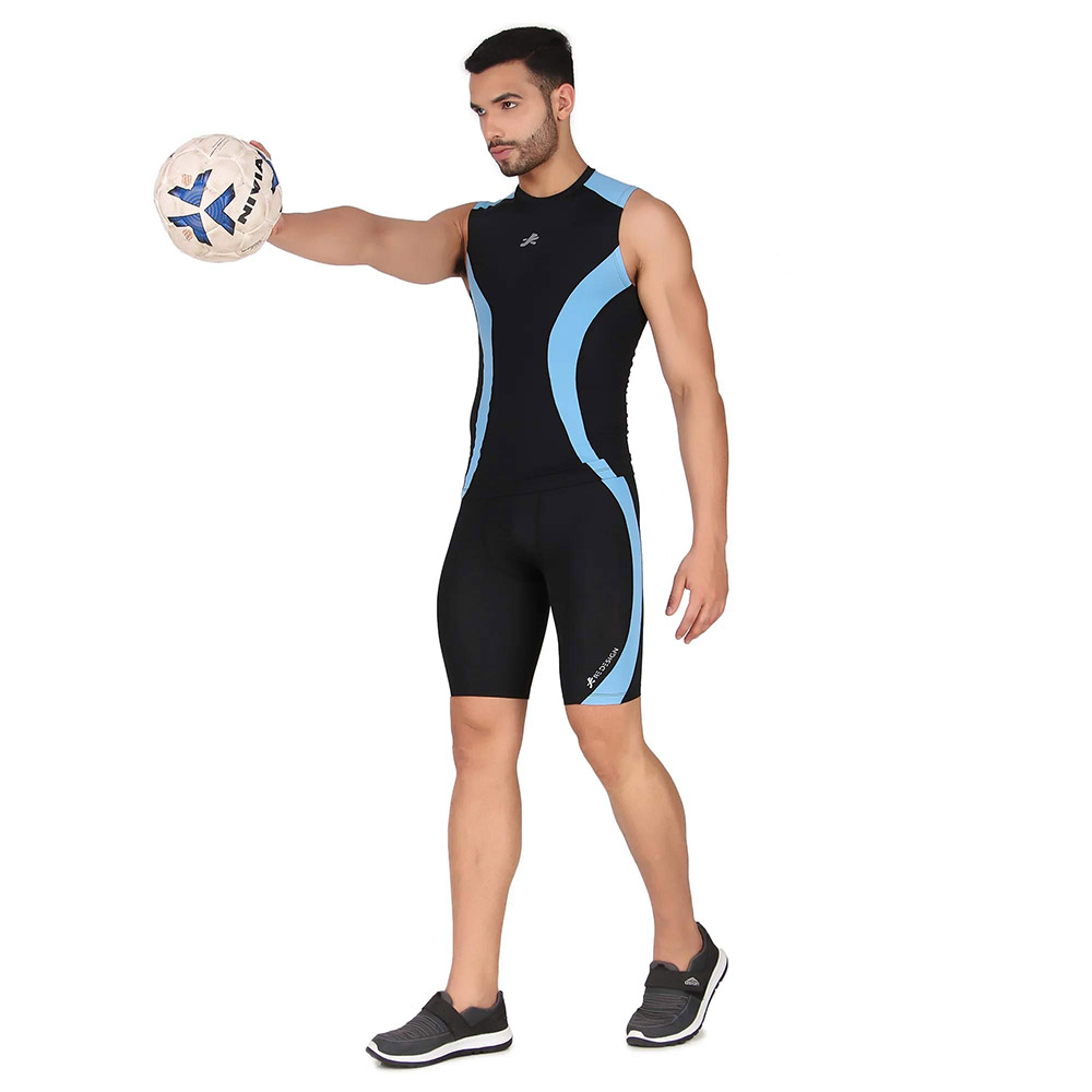 3 - Redesign Nylon DC Compression Cut Sleeve Tshirt,  Black/Aqua Blue  Large 