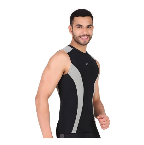1 - Redesign Nylon DC Compression Cut Sleeve Tshirt,  Black/Light Grey  Large 