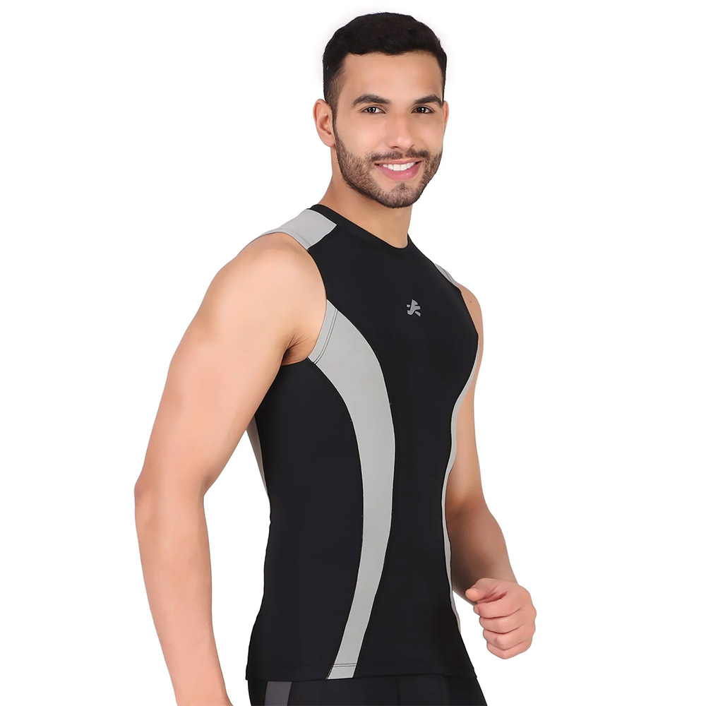 1 - Redesign Nylon DC Compression Cut Sleeve Tshirt,  Black/Light Grey  Large 