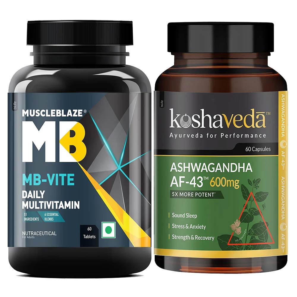 MuscleBlaze MB-VITE Daily Multivitamin & Koshaveda Ashwagandha AF-43 600mg 60 Caps Combo
