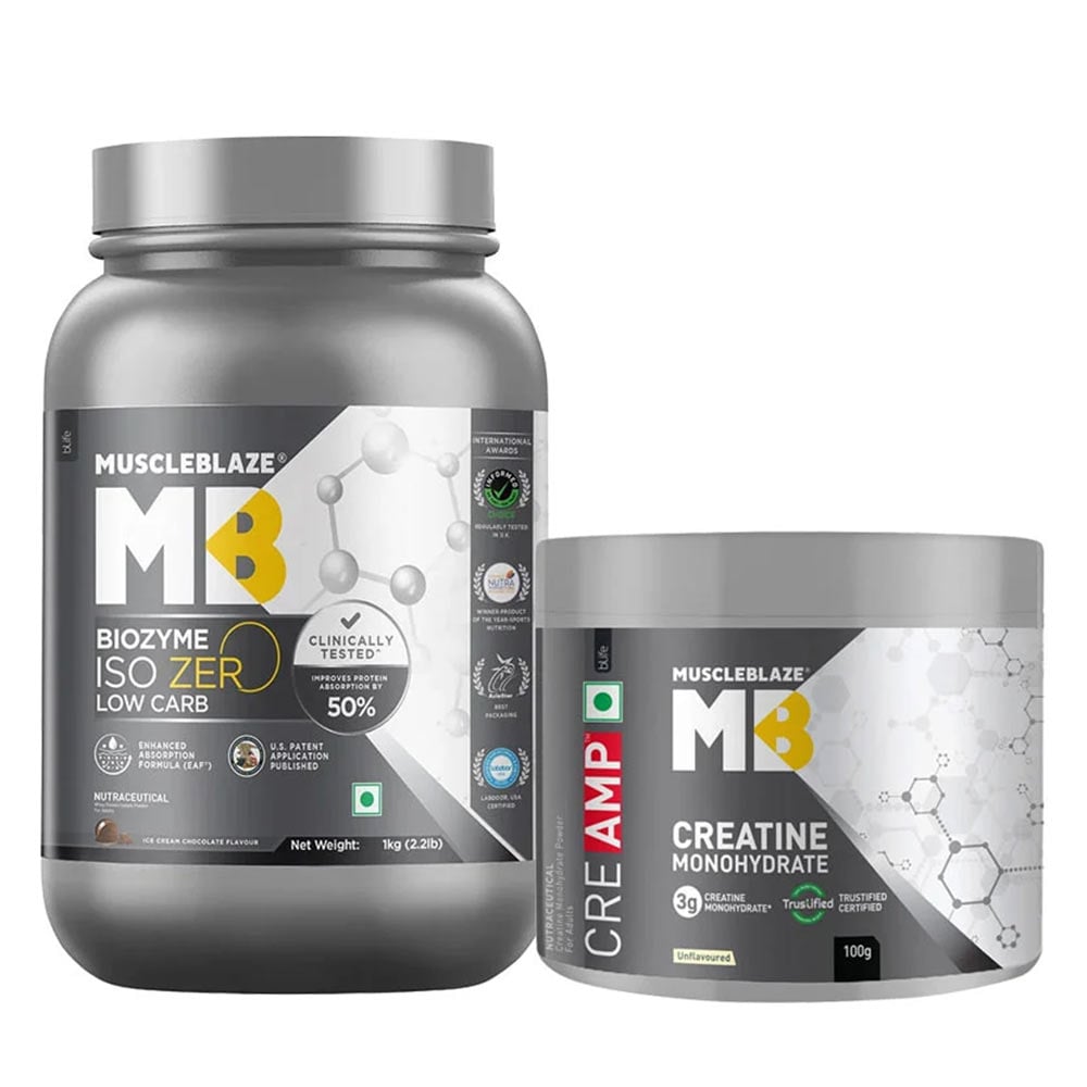 MuscleBlaze Biozyme Iso-Zero 2.2 lb Low Carb Ice Cream Chocolate & 100g Creatine Monohydrate CreAMP Combo-image-23
