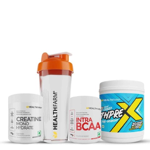 1 - Healthfarm ThPreX 0.55lb with Creatine Monohydrate & Intra BCAA Combo,  3 Piece(s)/Pack  Rocket Candy, Unflavoured & Island Fusion (with Free Shaker) 