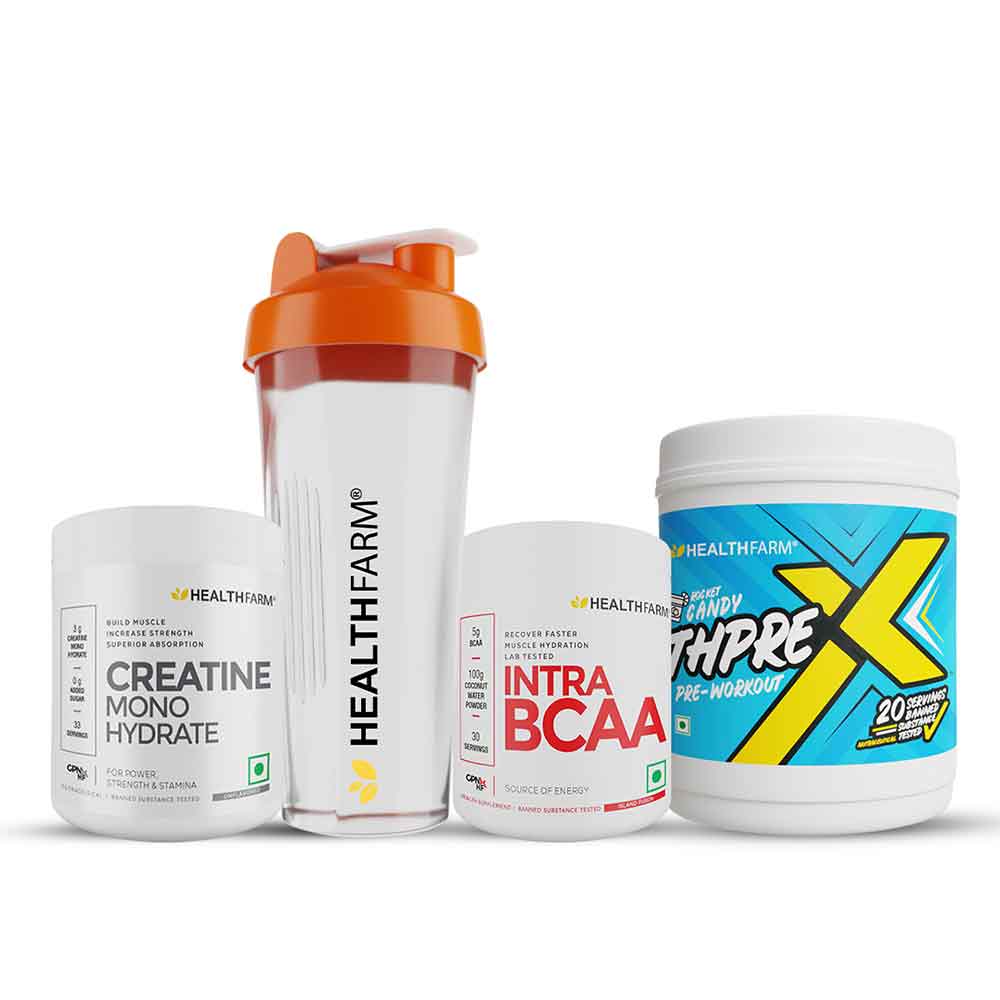 1 - Healthfarm ThPreX 0.55lb with Creatine Monohydrate & Intra BCAA Combo,  3 Piece(s)/Pack  Rocket Candy, Unflavoured & Island Fusion (with Free Shaker) 