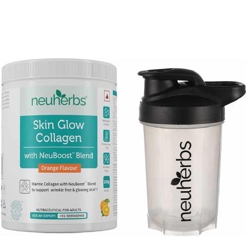 1 - Neuherbs Skin Glow Collagen, 200 g Orange & Protein Shaker Bottle Black White 400ml Combo