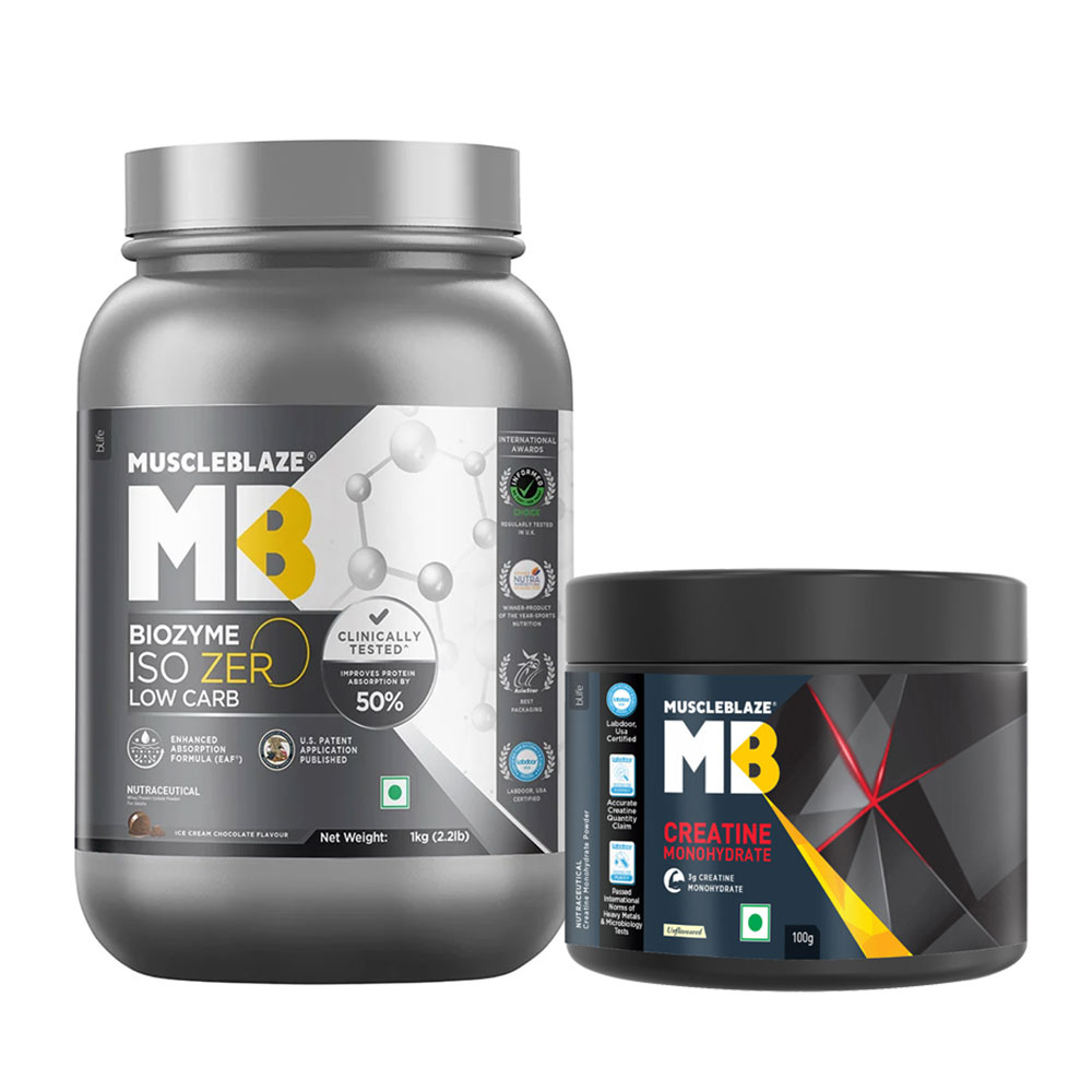 MuscleBlaze Biozyme Iso-Zero 2.2 lb Low Carb Ice Cream Chocolate with Creatine Monohydrate OP, Unflavoured 0.22 lb