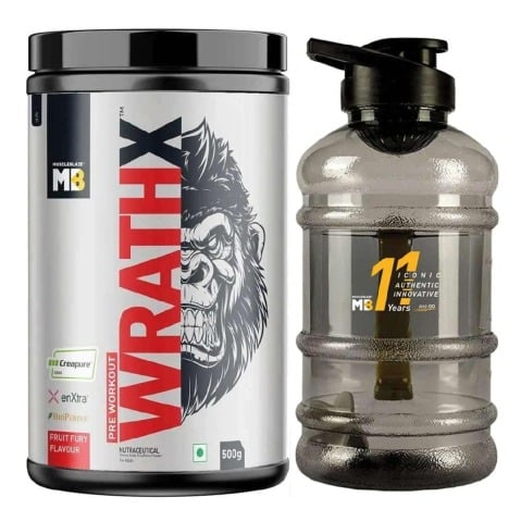 MuscleBlaze Pre Workout WrathX 500g Fruit Fury with 10 Years Gallon Bottle 1.5L