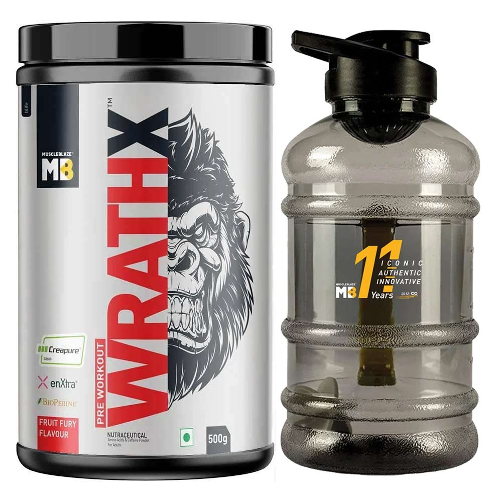 MuscleBlaze Pre Workout WrathX 500g Fruit Fury with 10 Years Gallon Bottle 1.5L