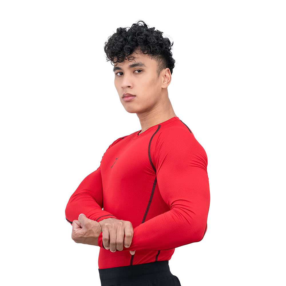 3 - Athflex Men's Muscle Fit Full Sleeve Textured Compression T-Shirt,  XL  Red 