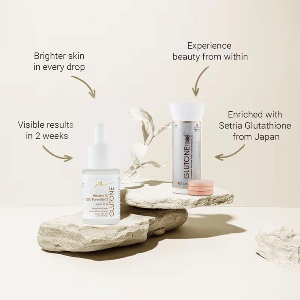 5 - Glutone 1000 Setria Glutathione Effervescent 15 Tablets & Skin Brightening Serum Combo,  for Evens Skin Tone  30 ml 
