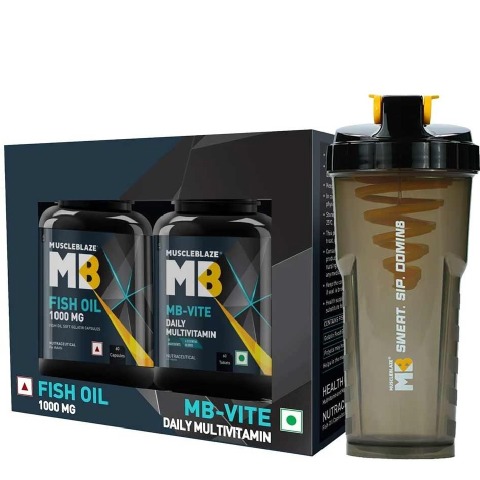 MuscleBlaze Fish Oil 1000mg & MB-Vite Multivitamin Combo 2 Piece & Cyclone Shaker Black 700 ml
