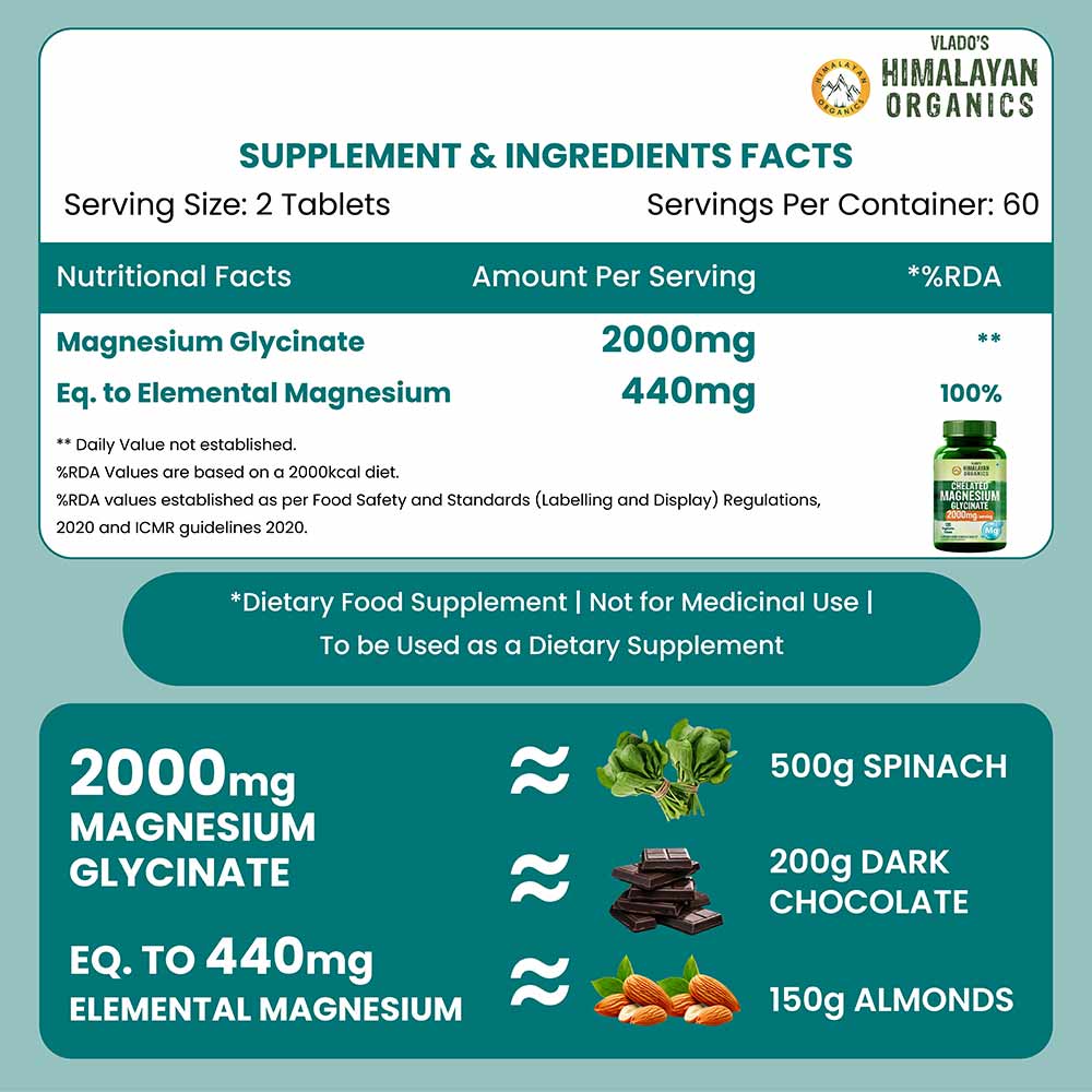 2 - Vlado's Himalayan Organics Chelated Magnesium Glycinate 2000mg,  Unflavoured  120 tablet(s) 