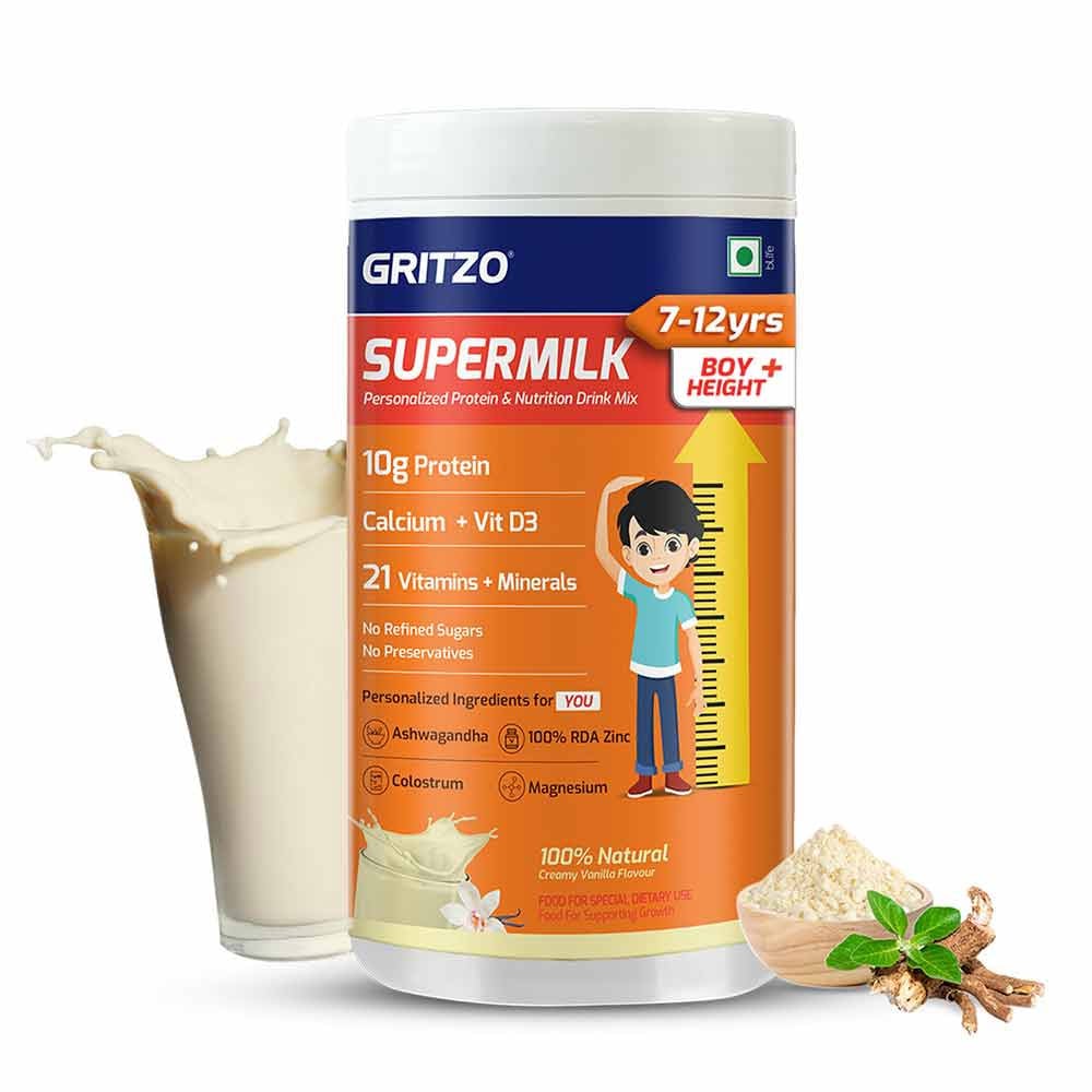 1 - Supermilk Gritzo Height+ for Boy 7-12 Yrs Personalized Protein & Nutrition Drink Mix OP, 400 g Creamy Vanilla