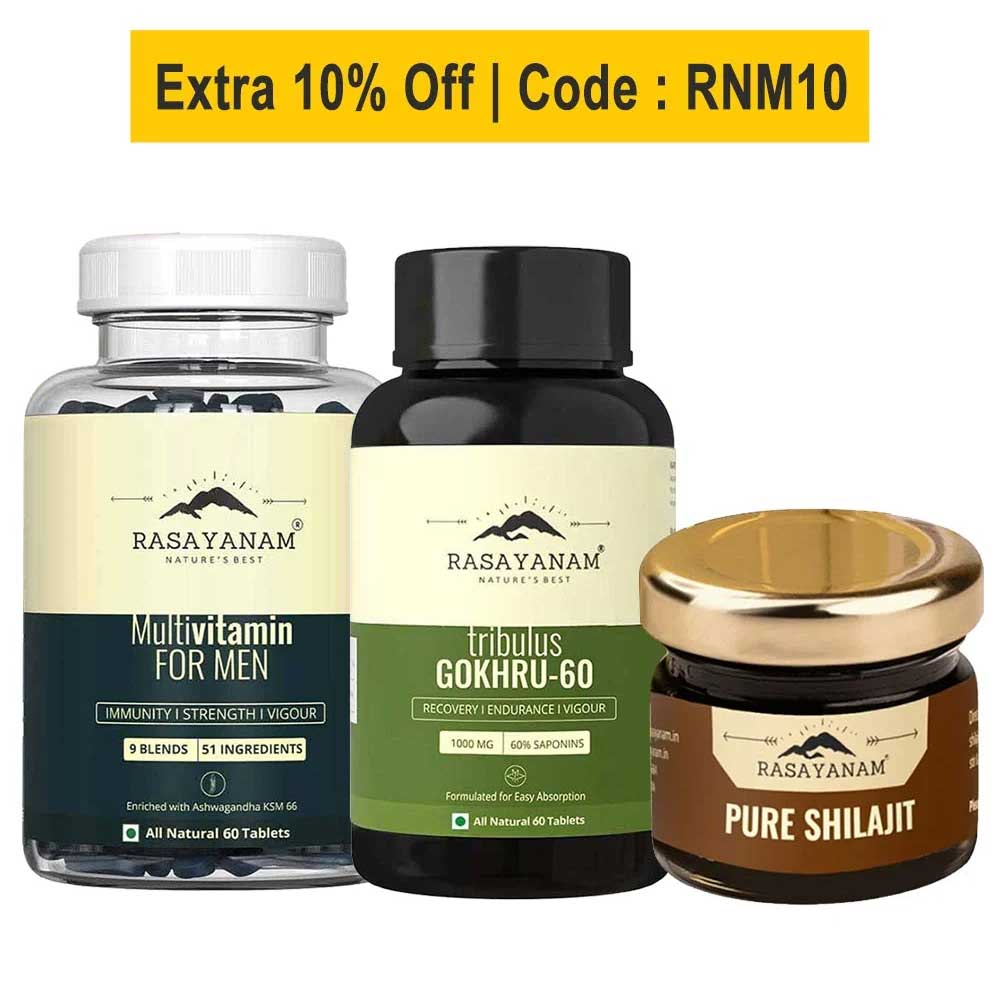 Rasayanam Pure Himalayan Shilajit 20g, Tribulas Gokhru-60 60 Tablets & Multivitamin for Men Combo, 60 tablet(s) Unflavoured-picture-16