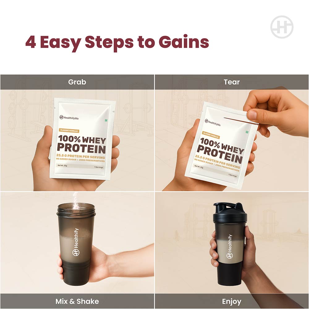 4 - HealthifyMe 100% Whey Protein,  5 sachets/pack  Classic Vanilla 