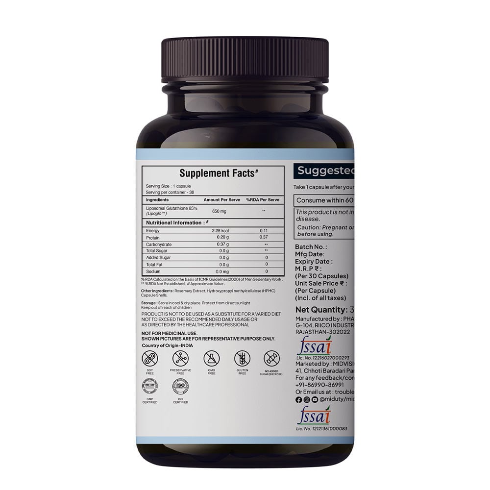 10 - Miduty Liposomal Glutathione 85%,  Unflavoured  30 capsules 