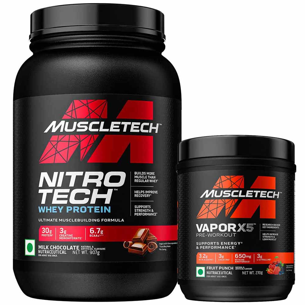 1 - MuscleTech NitroTech Whey Protein 2 lb Milk Chocolate(India) & Vapor X5 Combo,  0.59 lb  Fruit Punch 
