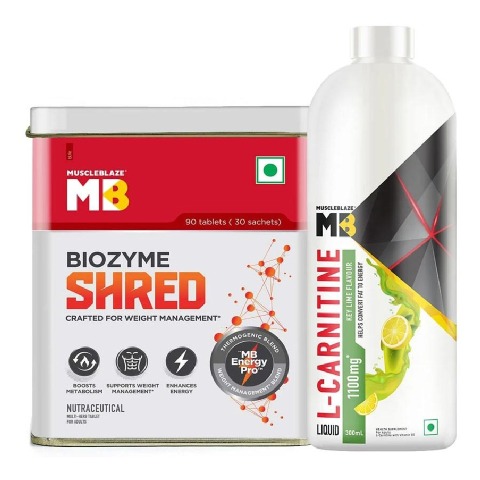 MuscleBlaze Biozyme Shred 90 tabs & Liquid L-Carnitine 300 ml Lemon Lime Combo