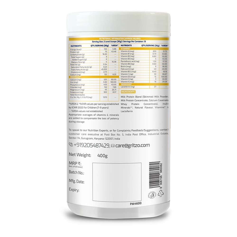 4 - Gritzo SuperMilk Height+ Unsweetened 7-12y Boys Personalized Protein and Nutrition Drink Mix,  400 g  Creamy Vanilla