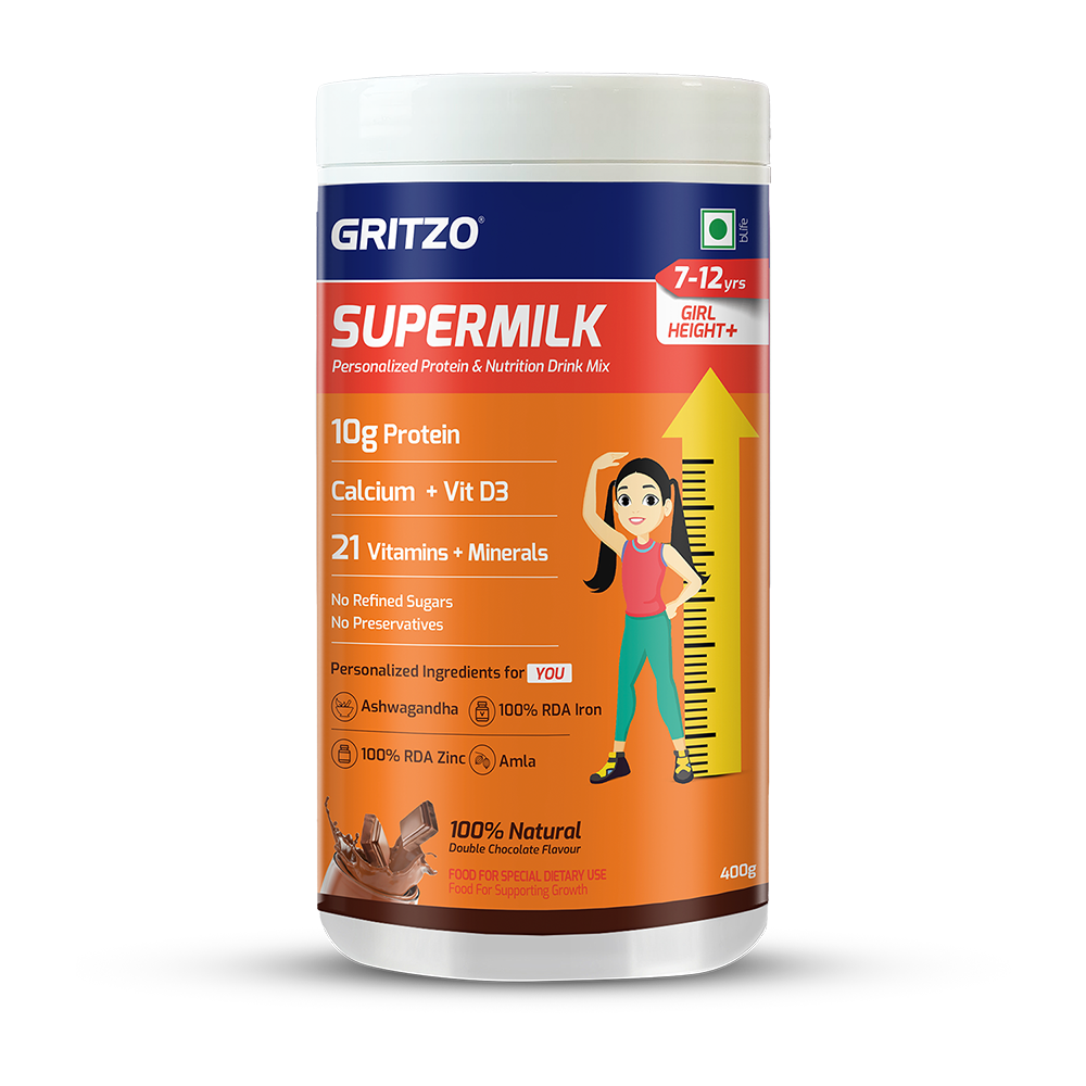 Supermilk Gritzo Height+ for 7-12 Yrs Girls Personalized Protein & Nutrition Drink Mix,  400 g  Double Chocolate 