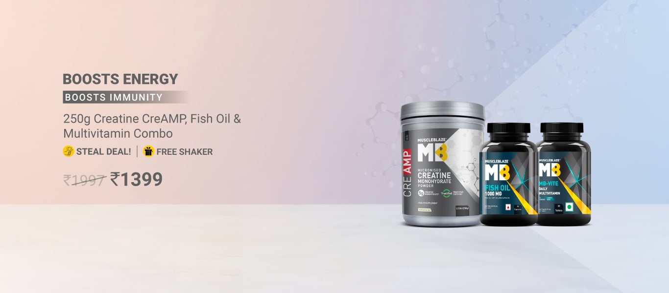 MuscleBlaze Creatine Monohydrate CreAMP 0.55 lb & Fish Oil & MB-VITE 30 Tabs Combo @ 1399 + Free Shaker